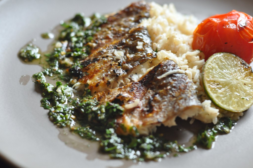 Grilled Branzino With Green Harissa | Amy Glaze's Pommes D'Amour